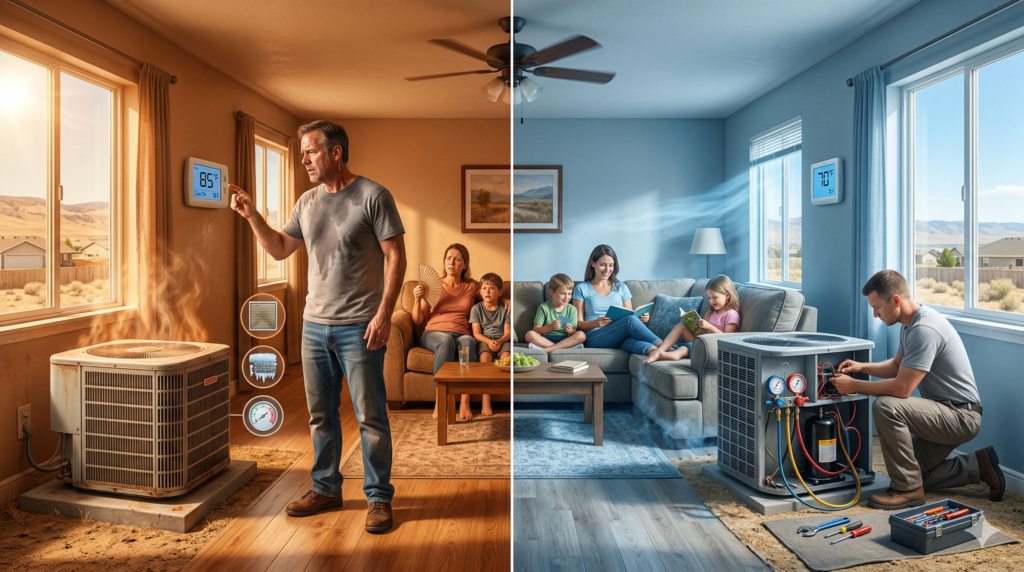 Billings family with broken AC vs HVAC technician repairing air conditioner unit