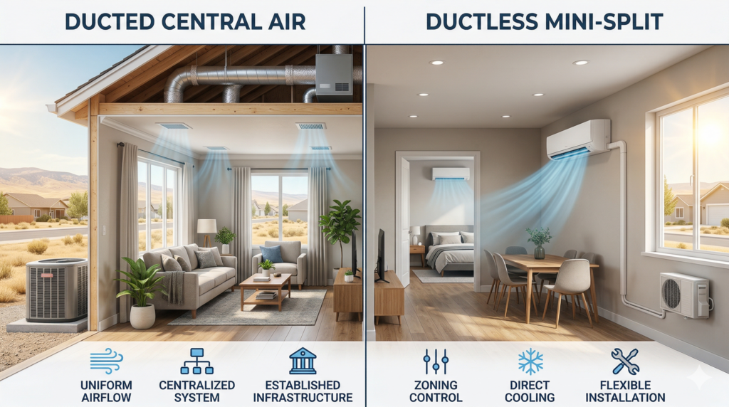 Ducted central air vs ductless mini-split HVAC features comparison for Billings MT homes
