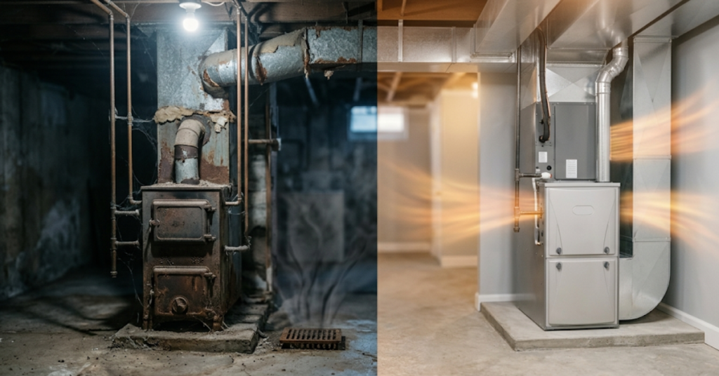 Old worn-out furnace vs new high-efficiency furnace replacement in Billings home basement
